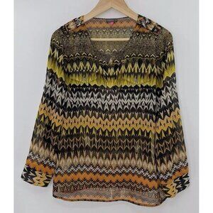 Vince Camuto Women’s Sheer Geometric Roll‎ Tab Sleeve Blouse Size PM Boho